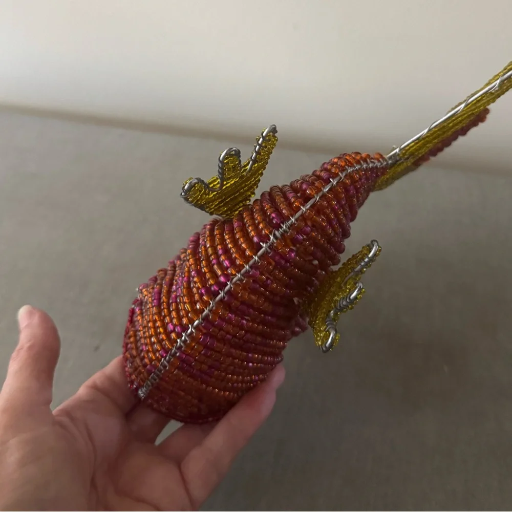 Handcrafted Beaded Fish Ornament - Red and Gold